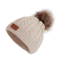 Beige cable knit baby beanie with large brown pom-pom and leather patch detail - Hat / Beige