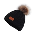 Black knit baby hat with large brown faux fur pom pom and leather label detail - Hat / Black