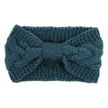Macro detail of teal cable knit headband showing rich texture and decorative bow - Post Green