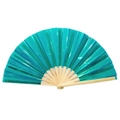 Teal metallic laser PVC kung fu fan with light natural bamboo ribs open view - 33CM / Metallic Teal (Natural Bone)