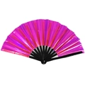 33cm Kung Fu folding fan featuring a laser pink PVC film surface and black bamboo ribs - 33CM / Metallic Pink (Black Bone)