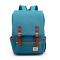 Detail view of teal canvas backpack featuring brown faux leather straps and magnetic buckles - 16" / Teal