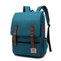 Retro teal canvas backpack featuring brown leather straps and spacious front pocket - 16" / Peacock Blue with Black Zipper