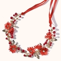 Diadema de novia artesanal con flores rojas, hojas doradas y perlas de imitación - Rojo