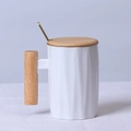 White ceramic coffee mug with Nordic wooden handle and matching lid including golden spoon - Diamond Pattern White Mug with Lid & Spoon