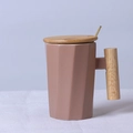 Pink ceramic mug with geometric facets, wooden handle, lid and golden spoon - Decagonal Khaki Mug with Lid & Spoon