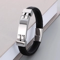 Minimalistisches Herren-Lederarmband in Schwarz mit polierter silberner Stahlplatte - 19cm / Silber (KB166212-KFC)