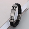 Herren Armband aus geflochtenem schwarzem Leder mit matter Edelstahlplatte - 19cm / Vintage Schwarz (KB166211-KFC)
