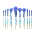 Rij van 11 blauwe kristallen make-up borstels met kleurverloop handgrepen op wit vlak - 10 Stuks Kristallen Blauw Handvat Blauwe Borstelharen