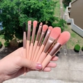 Set di 8 mini pennelli da trucco con setole rosa e ghiere in oro rosa tenuti in mano - Set da 8 pezzi-Sacchetto OPP / Rosa