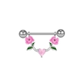 Macro shot of steel nipple bar with pink roses and a heart-shaped gemstone detail - Pink Rose Heart Romantic