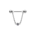 Macro detail of stainless steel nipple piercing featuring star charms and zircon inlay - Silver Pentagram Chain Pendant