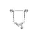 Macro shot of silver stainless steel barbell nipple ring with V-shaped crystal fringe chain - Silver V-Shape Zirconia Tassel