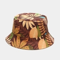 Close-up of tropical leaf pattern and neat stitching on canvas sun bucket hat - M(56-58cm) / Coffee Base Orange Green Tropical Leaf Print (3#)