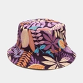 Dettaglio della stampa tropicale sul cappello da sole in tela con cuciture definite - M(56-58cm) / Base Viola Stampa Foglie Tropicali Arancione Giallo Blu (2# Colore)