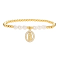 Bracciale elastico con perline dorate, perle e ciondolo medaglia Vergine Maria Guadalupe - Ciondolo Ovale Vergine Maria - Zirconia Bianca