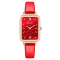 Montre à quartz élégante pour femme avec bracelet en cuir rouge et boîtier doré rose - Rouge