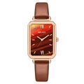 Women's square rose gold watch with brown leather strap and red-brown gradient dial - Coffee