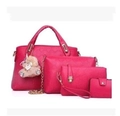 Magenta 4-piece embossed faux leather handbag set with tote and bear charm - Rose Red