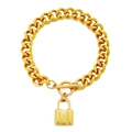 Detail of gold Cuban link chain bracelet with OT toggle clasp and rectangle padlock pendant - Male Style / Gold