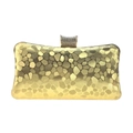 Detail of gold evening clutch bag featuring mosaic texture and sparkling rhinestone clasp - Gold