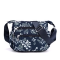 Floral print navy blue nylon crossbody bag with multi-pocket design and adjustable strap - Blue White Floral