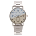 Silver steel strap watch with blue hands and three sub-dials on white background - Blue Light White Dial Silver Strap