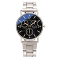 Silver steel strap men's chronograph watch with dark blue dial and three subdials - Blue Light Black Dial Silver Strap