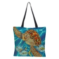 Linen tote bag featuring vibrant 3D watercolor sea turtle and tropical fish printing - YM012 Colorful Turtle