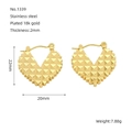 Golden stainless steel heart earrings with pyramid texture, 22mm size dimensions - Heart Geometric Texture Style (ZE1339G)