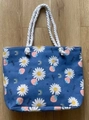 Dark blue canvas tote bag with daisy strawberry print and white thick rope handles - Daisy Orchid