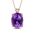 Detailed close-up of rose gold necklace featuring oval purple amethyst with heart diamond bail - Pendant Necklace