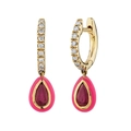 Orecchini a cerchio dorati con zirconi e pendenti a goccia rossi con smalto rosa - Orecchini a Goccia d'Acqua Rossa e Smalto Rosa / Oro/Rosso/Rosa