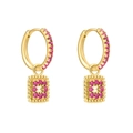 Detailed close-up of gold hoop earrings with ruby zircon pavé setting and rectangular charms - Rose Red
