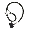 Close-up of black nylon crossbody phone lanyard with reflective spots and metal slider - Black Patch + Black Green Rope