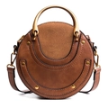 Brown circular leather crossbody bag with matte finish and gold semicircular handle - Dark Brown