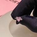 Pink heart-shaped stud earring with silver Saturn ring design and tiny white crystals - 3D Heart