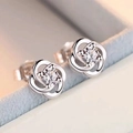 Elegant silver clover flower stud earrings with a sparkling round-cut zircon center - White Zirconia