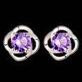Elegant silver four-leaf clover stud earrings with faceted round purple crystal stones - Purple Zirconia