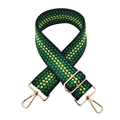 Detail of green and yellow geometric woven shoulder strap with gold metal lobster clasps - Silver Clasp / Dark Green