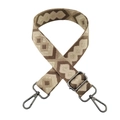 Close-up of adjustable woven shoulder strap with brown and beige diamond patterns - Khaki Gold Line Diamond + Gunmetal Buckle