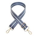 Macro detail of blue embroidered nylon bag strap with gold lobster clasps and buckle - Grey Blue Silver Buckle