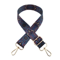 Bohemian floral wide shoulder strap with dark blue base and gold metal lobster clasps - Style 170 / Gold