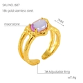 Adjustable 18k gold stainless steel ring with moonstone and irregular texture - Purple Moonstone Textured Style (ZXG687)