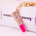 Sparkling rhinestone lipstick keychain with pink accents and gold finish for bag charms - Rose Red