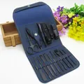 16-piece black stainless steel manicure set in blue faux leather case with colorful stitching - 16-Piece Set (Blue)