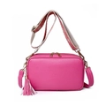 Rose red crossbody camera bag in litchi grain PU with wide geometric strap and tassel - Rose Red