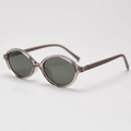 Close-up of retro oval sunglasses with transparent grey frame and dark lenses - Khaki Frame G15 Lens C9