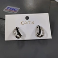 Silver vintage C-shape hoop earrings with black enamel and sparkling zircon accents - Black