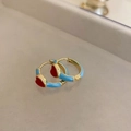Light blue enamel hoop earrings with red heart design and gold finish details - Blue Enamel Hoop with Red Heart